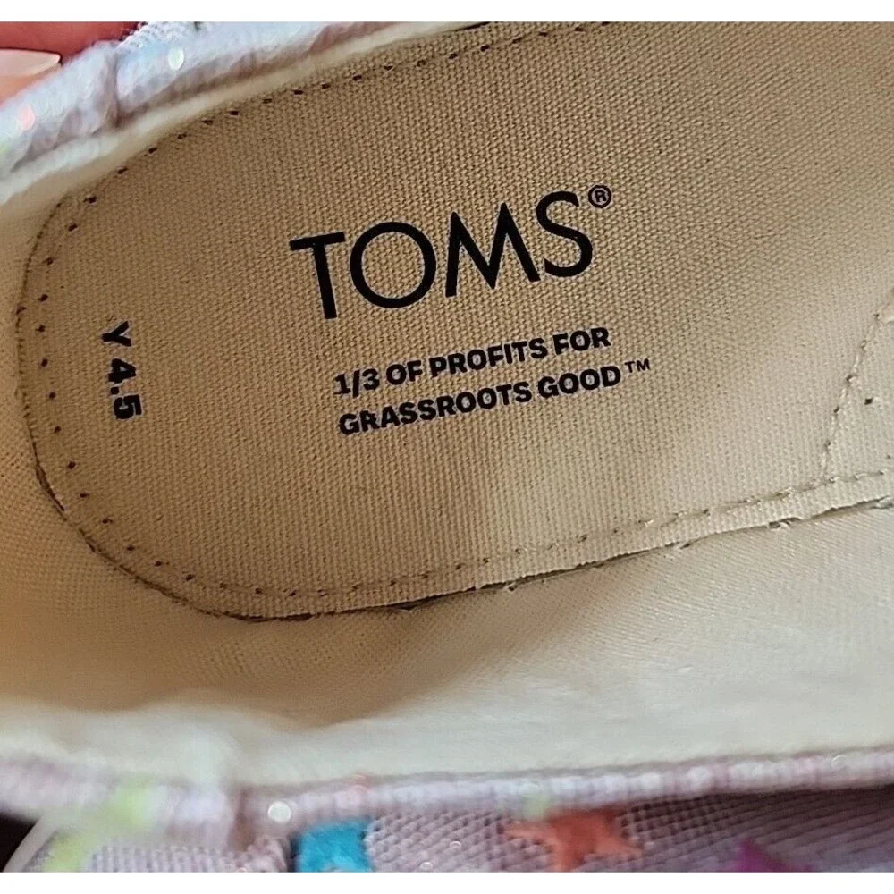 TOMS Alpargata Bee Mine Slip On Flats Youth Girls 4.5 Pink Glitter Stars NEW